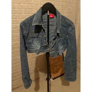 Destiny‎ Jeans Cropped Denim Jacket Size L Blue Wash Distressed Button Front
